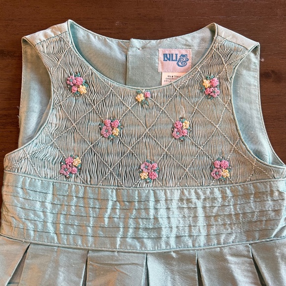 Luli & Me Girls Majestic Blue Floral Smocked Dress - Ruffle Collar